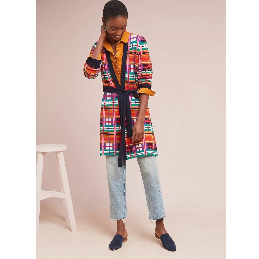 Moth Anthropologie Preppy Rainbow Plaid Belted Cardigan XS Academia Teacher Boho